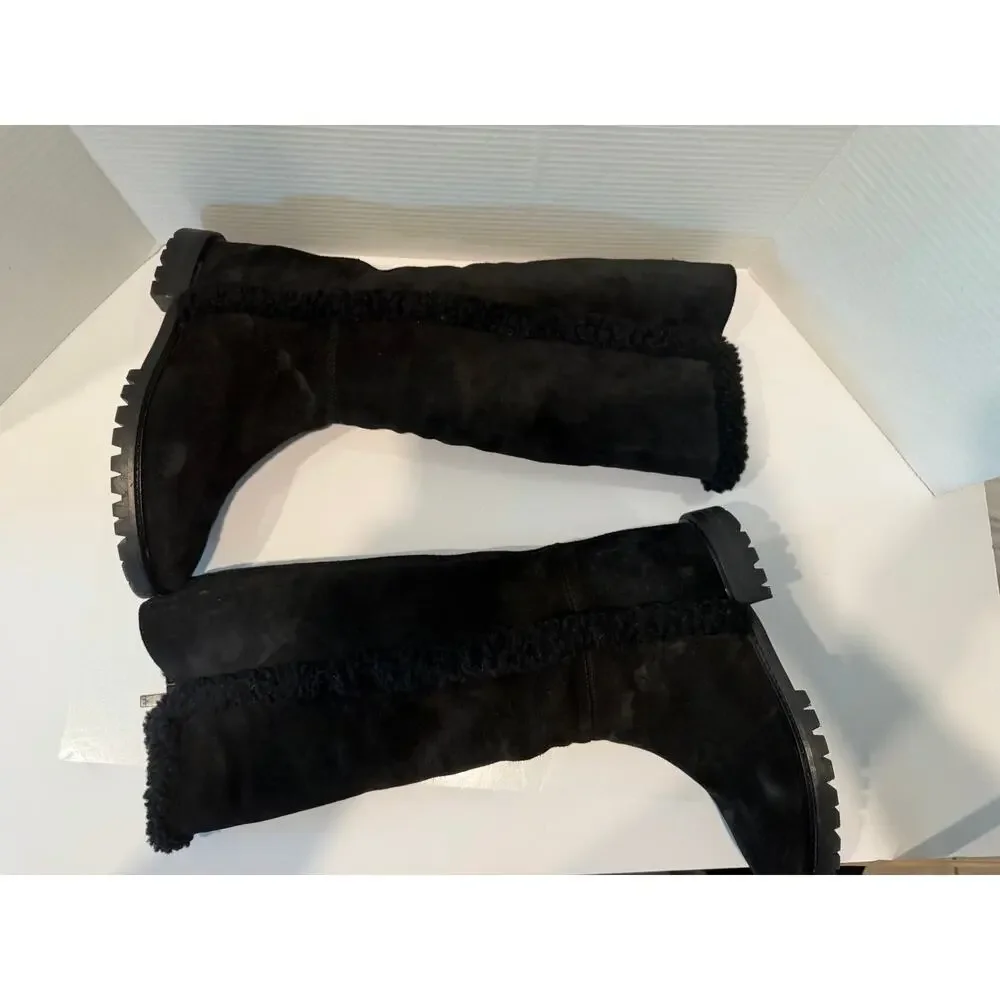 Aquatalia Cheyenne Black Lug Sole Suede Shearling Fur Lined‎ Boots Italy Sz 7M